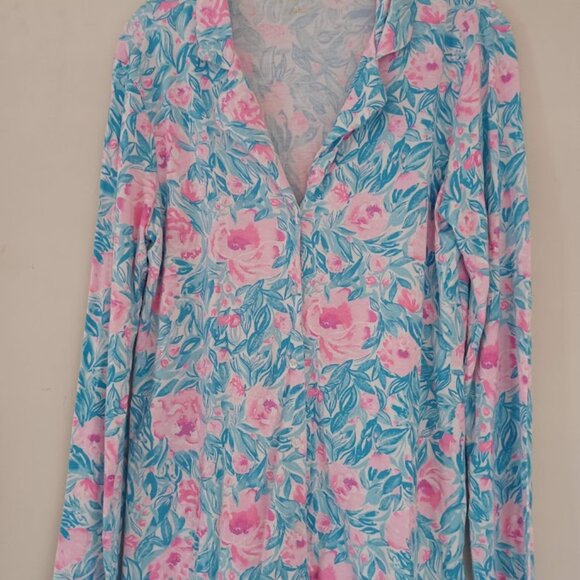 Lilly Pulitzer Women’s Pajama Top Sz L Pink Blue Floral Button Front Sleep Shirt - Picture 7 of 7